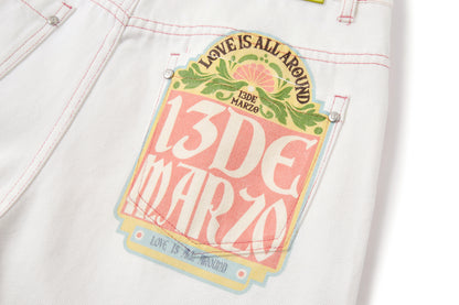 13DE MARZO Floral Bear Pocket Print Jeans White - 13DE MARZO