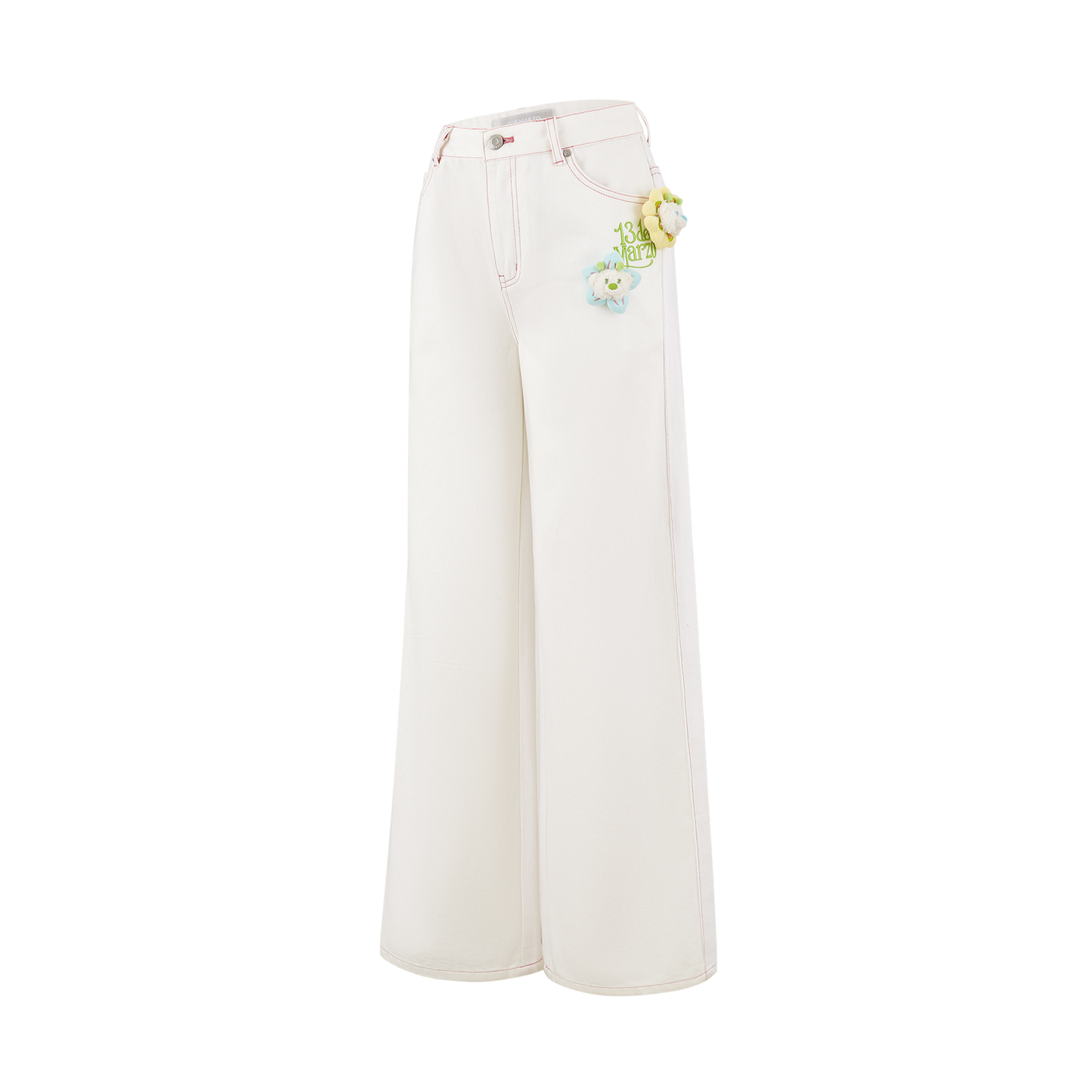 13DE MARZO Floral Bear Pocket Print Jeans White - 13DE MARZO