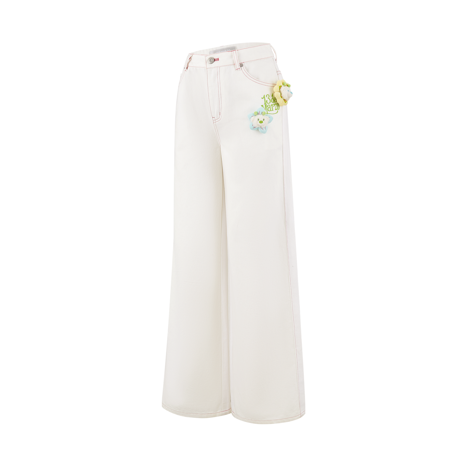 13DE MARZO Floral Bear Pocket Print Jeans White - 13DE MARZO