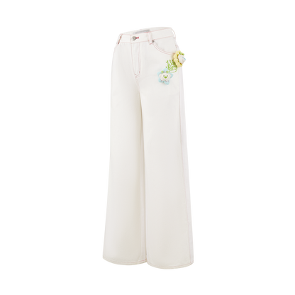 13DE MARZO Floral Bear Pocket Print Jeans White - 13DE MARZO