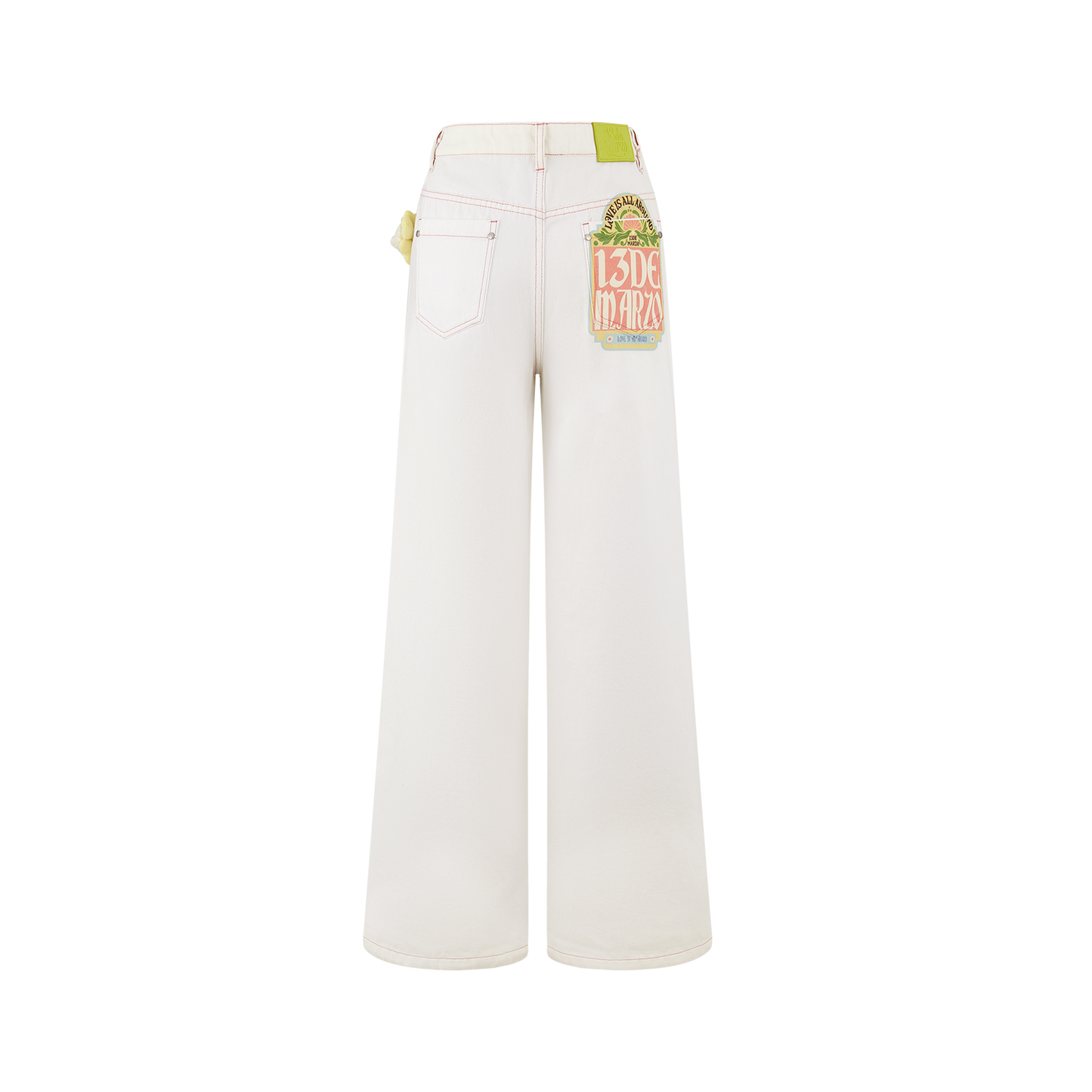 13DE MARZO Floral Bear Pocket Print Jeans White - 13DE MARZO