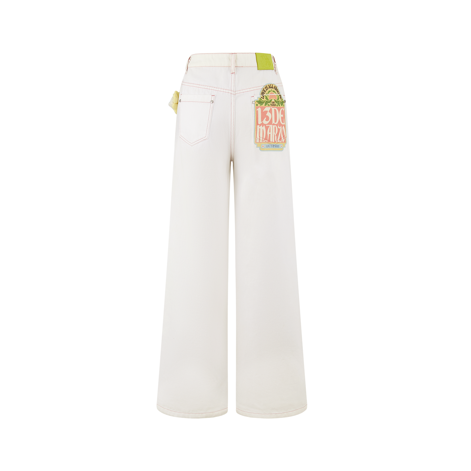 13DE MARZO Floral Bear Pocket Print Jeans White - 13DE MARZO