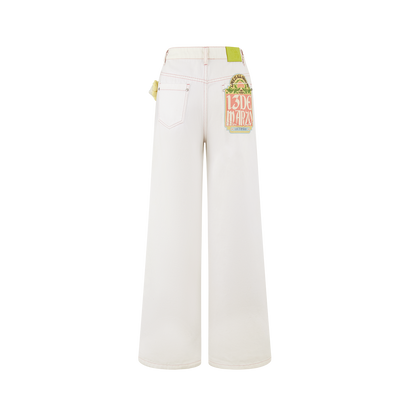 13DE MARZO Floral Bear Pocket Print Jeans White - 13DE MARZO