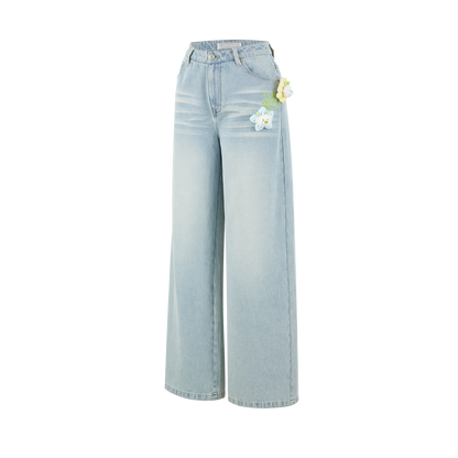 13DE MARZO Floral Bear Pocket Print Jeans Blue - 13DE MARZO