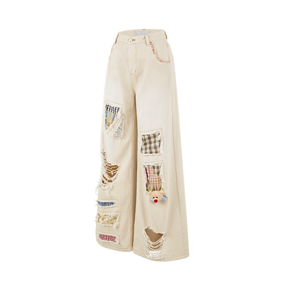 13DE MARZO Ripped Check Wide-Leg Trousers Beige