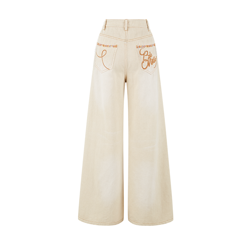 13DE MARZO Ripped Check Wide-Leg Trousers Beige