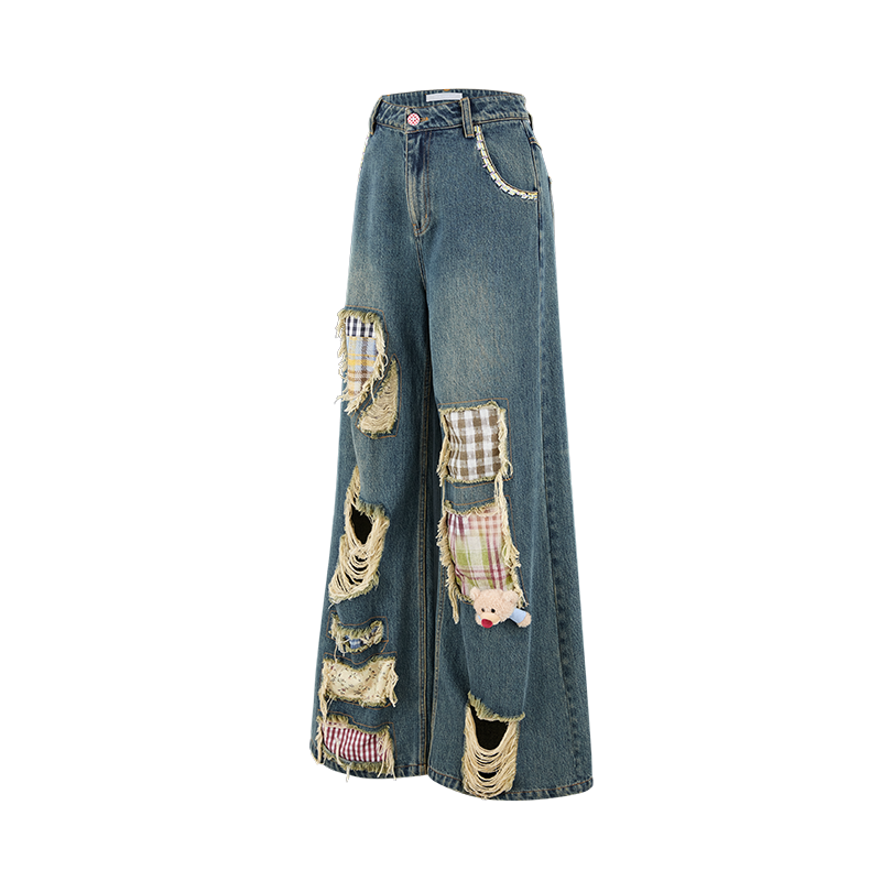 13DE MARZO Ripped Check Wide-Leg Trousers Blue