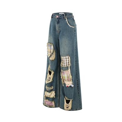 13DE MARZO Ripped Check Wide-Leg Trousers Blue