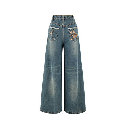 13DE MARZO Ripped Check Wide-Leg Trousers Blue