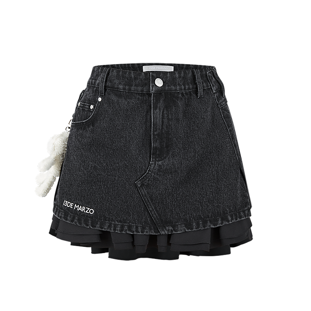 13DE MARZO Bear Folded Denim Skirt Black