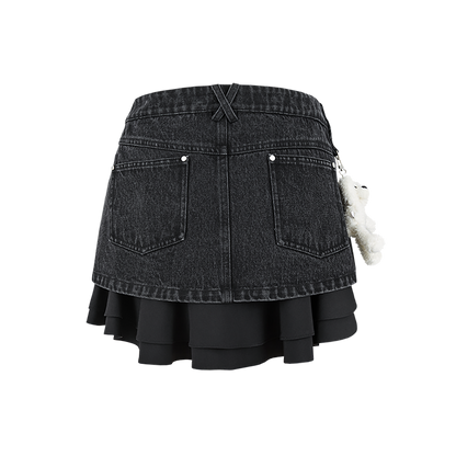 13DE MARZO Bear Folded Denim Skirt Black