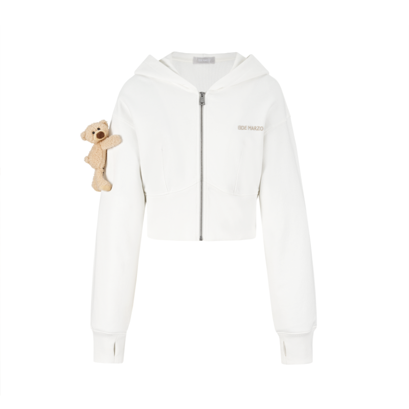 13DE MARZO Tapered Waist Bear Zip Hoodie White