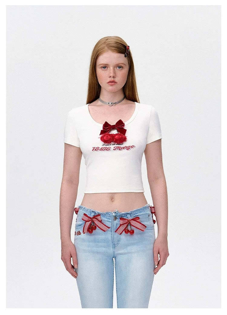 13DE MARZO Bear Cherry Bowknot Tee - 13DE MARZO