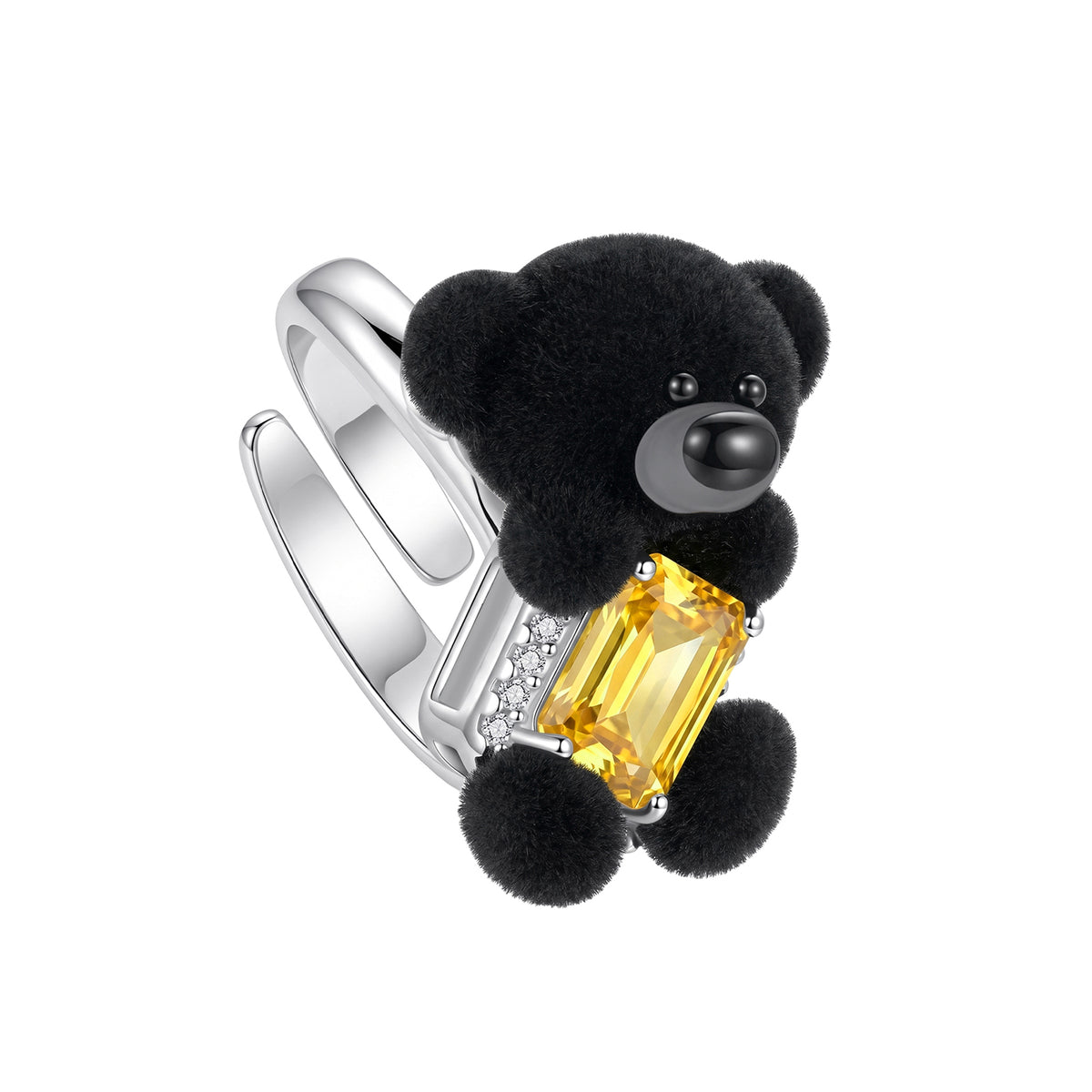 13DE MARZO Sugar Cube Zircon Bear Open Ring Black
