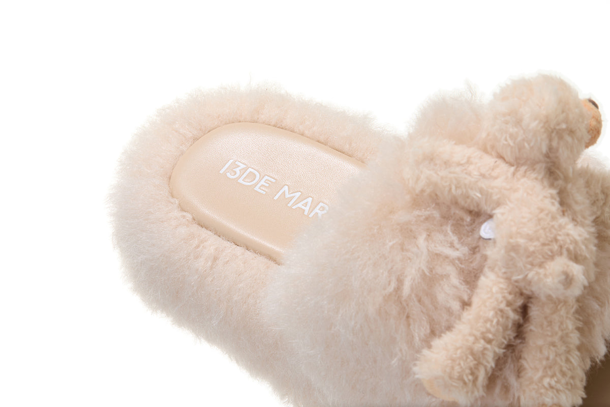 13DE MARZO Furry Single Strap Slippers Khaki