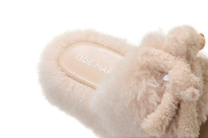 13DE MARZO Furry Single Strap Slippers Khaki