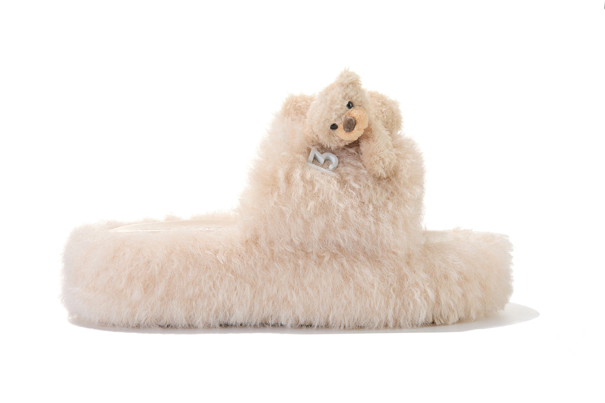13DE MARZO Furry Single Strap Slippers Khaki