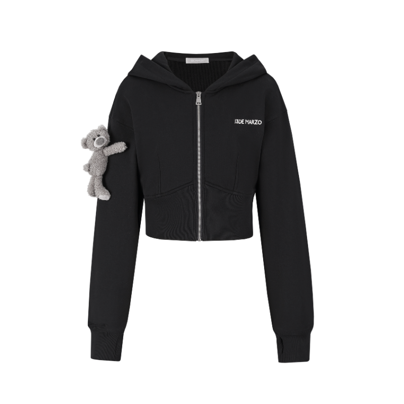 13DE MARZO Tapered Waist Bear Zip Hoodie Black