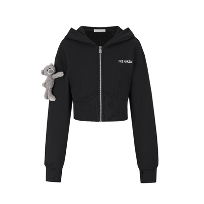 13DE MARZO Tapered Waist Bear Zip Hoodie Black