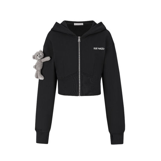 13DE MARZO Tapered Waist Bear Zip Hoodie Black