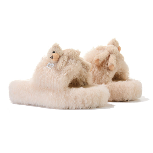 13DE MARZO Furry Single Strap Slippers Khaki