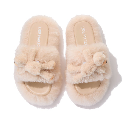13DE MARZO Furry Single Strap Slippers Khaki