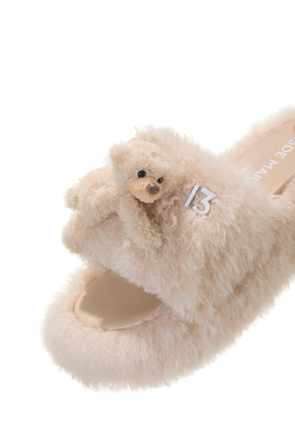 13DE MARZO Furry Single Strap Slippers Khaki