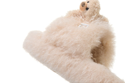 13DE MARZO Furry Single Strap Slippers Khaki