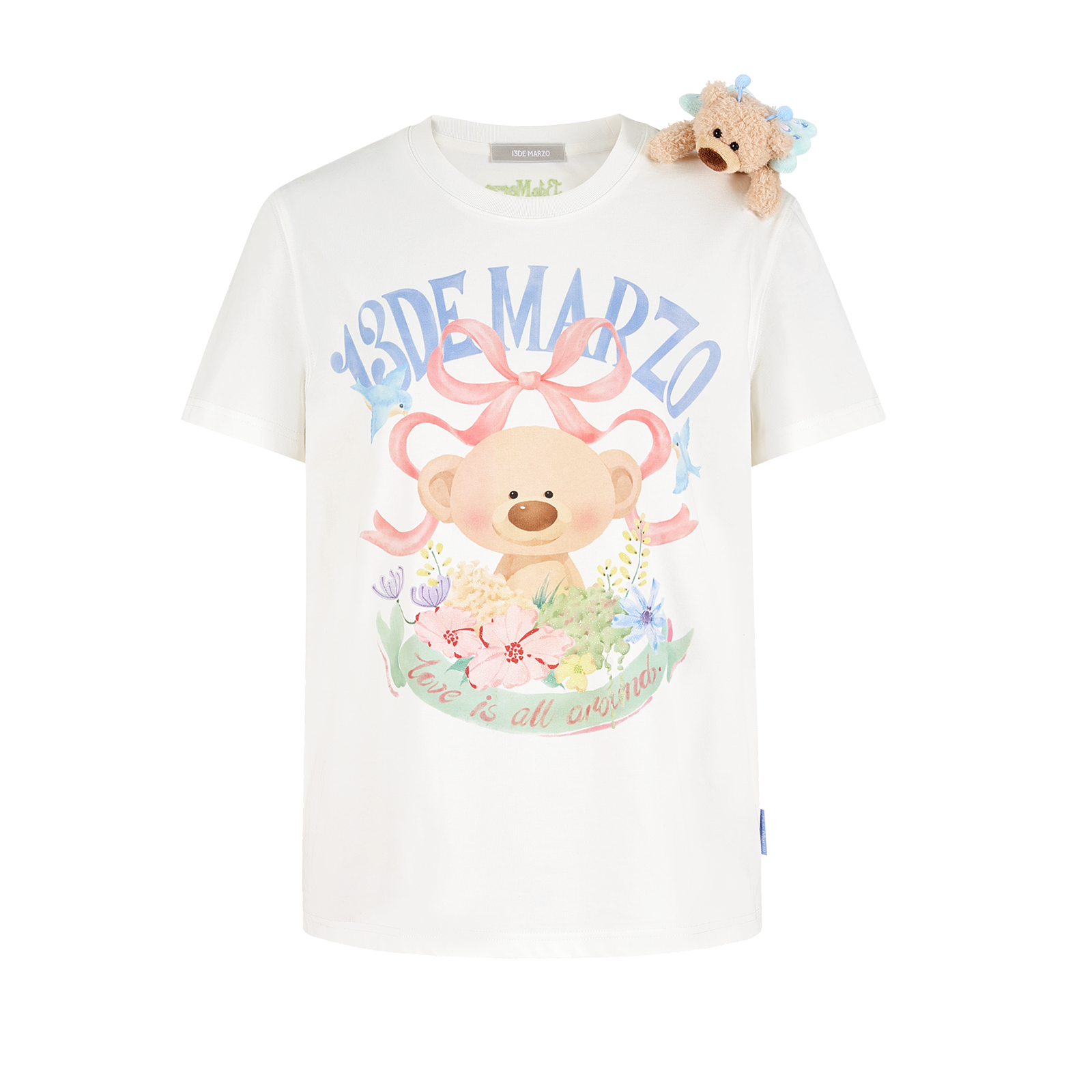 13DE MARZO Floral Bear Illustration T-Shirt White - 13DE MARZO