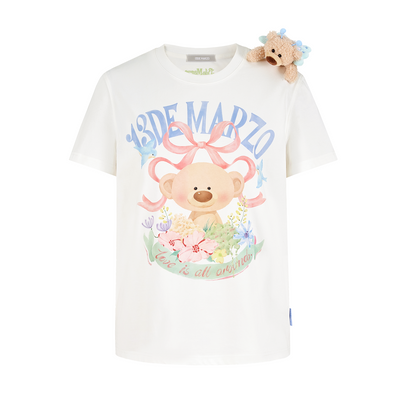 13DE MARZO Floral Bear Illustration T-Shirt White - 13DE MARZO