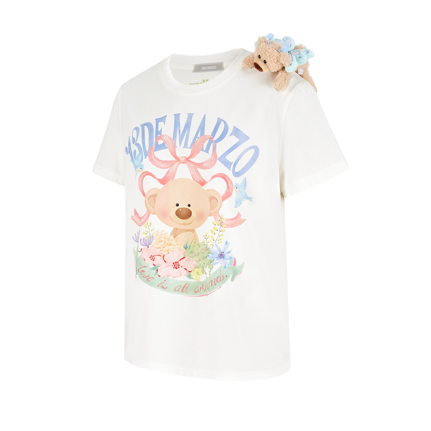 13DE MARZO Floral Bear Illustration T-Shirt White - 13DE MARZO