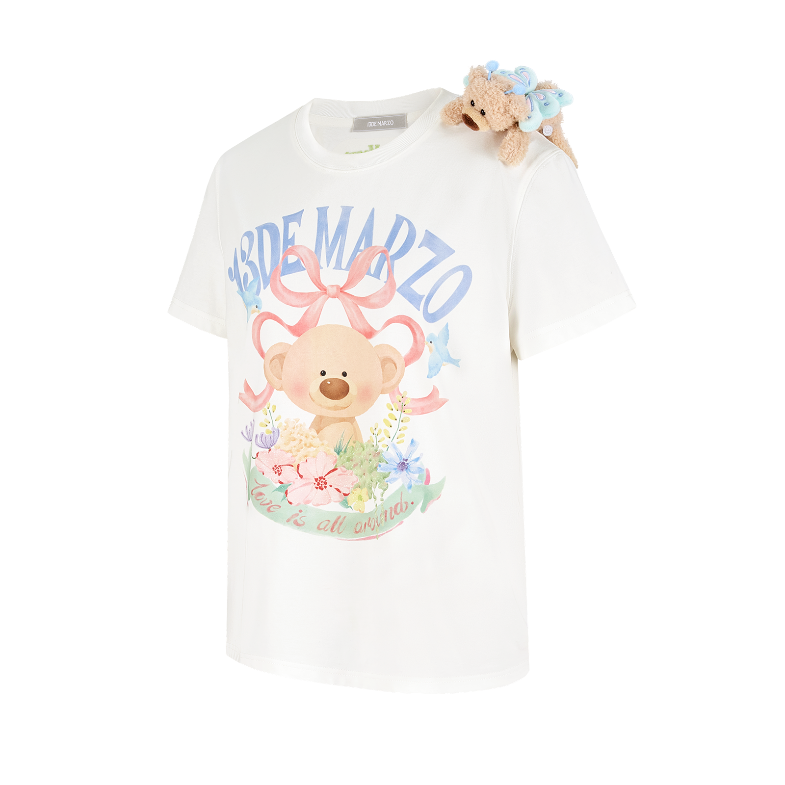 13DE MARZO Floral Bear Illustration T-Shirt White - 13DE MARZO