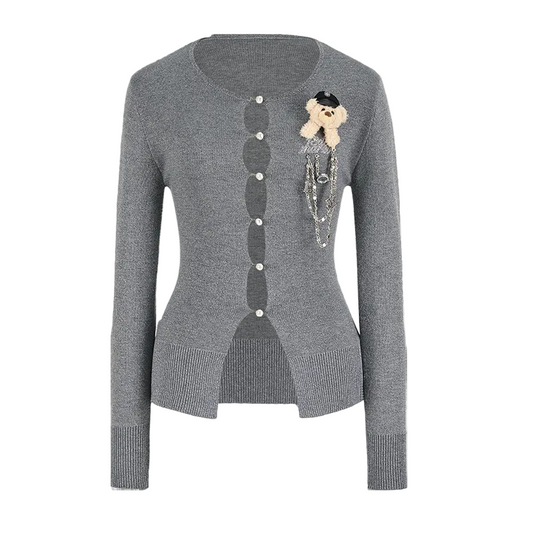 13DE MARZO Sparkle Pearl Chain  Cardigan Dark Grey