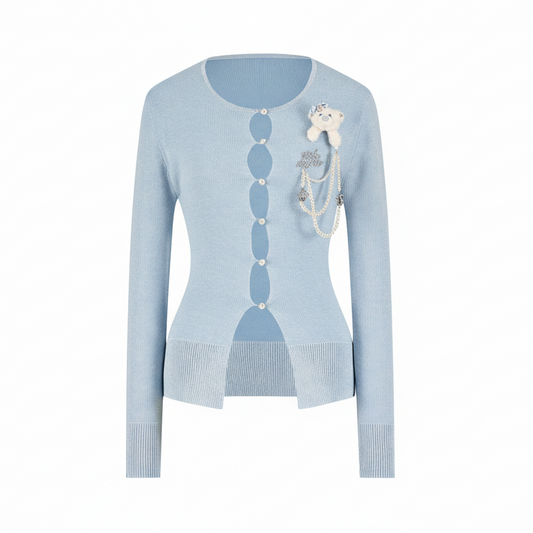 13DE MARZO Sparkle Pearl Chain  Cardigan Blue