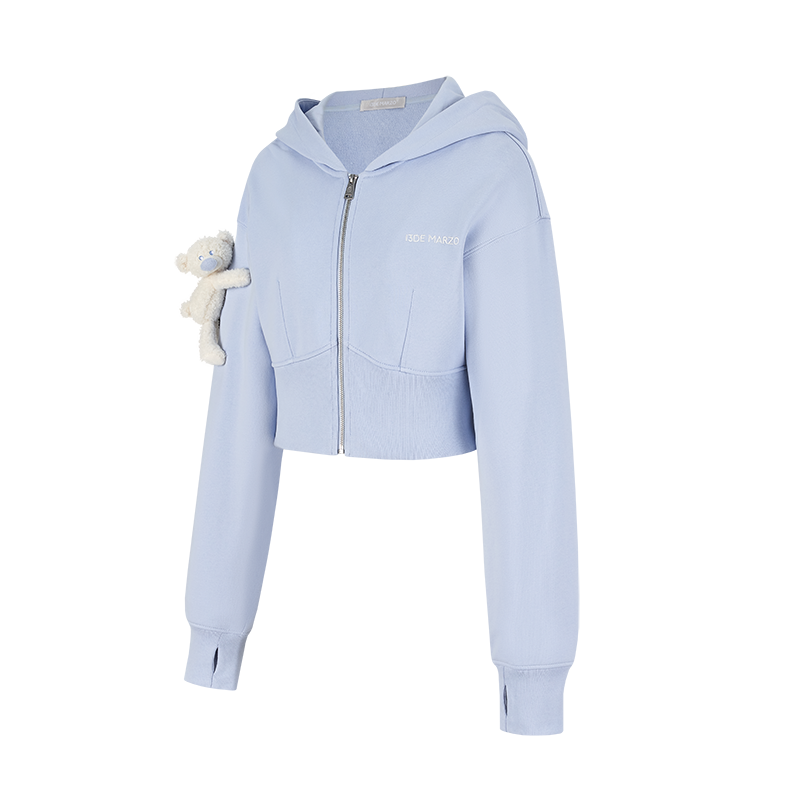 13DE MARZO Tapered Waist Bear Zip Hoodie Blue