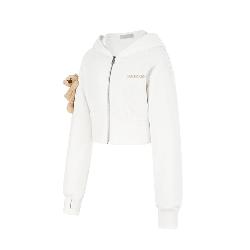 13DE MARZO Tapered Waist Bear Zip Hoodie White