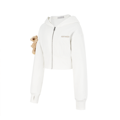 13DE MARZO Tapered Waist Bear Zip Hoodie White