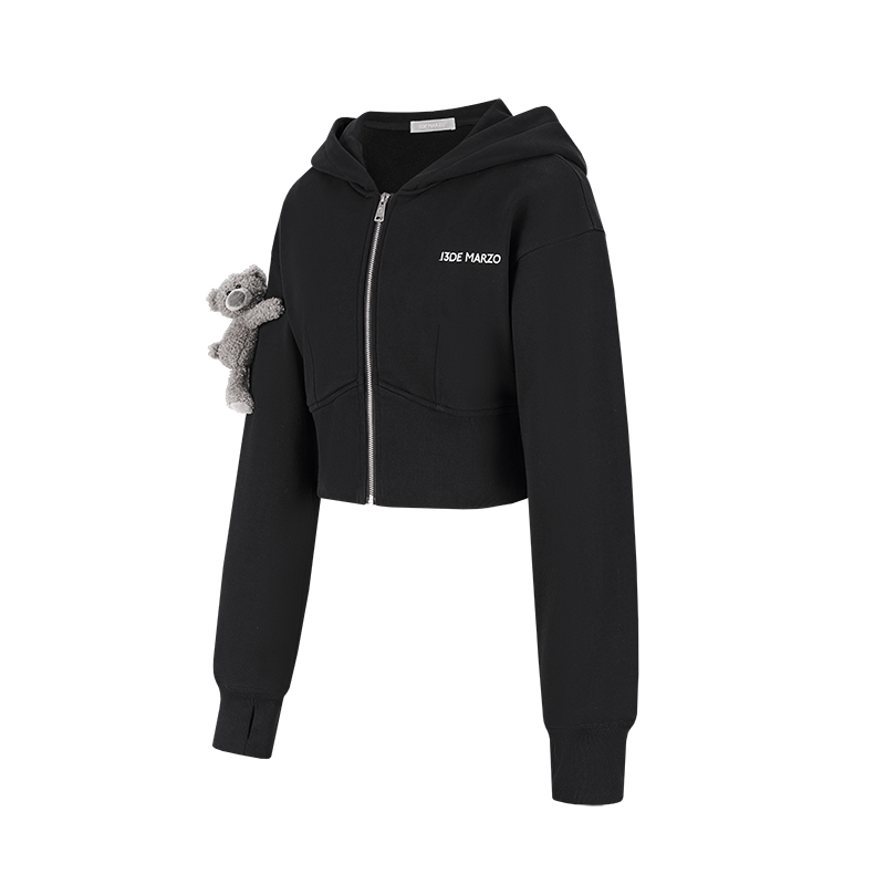 13DE MARZO Tapered Waist Bear Zip Hoodie Black