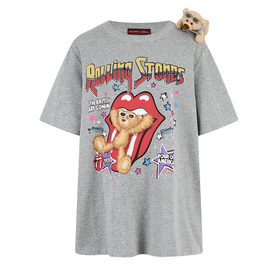 13DE MARZO Rolling Stones Cropped Distressed Tee Grey
