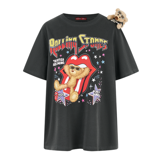 13DE MARZO Rolling Stones Cropped Distressed Tee Dark Grey