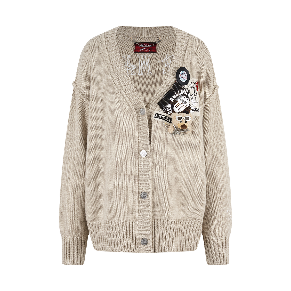 13DE MARZO Rolling Stones Appliqué Cardigan Sand