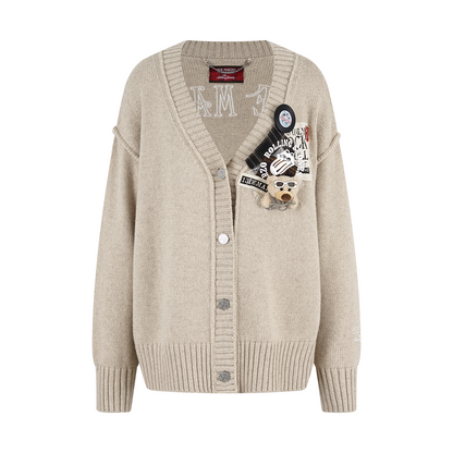 13DE MARZO Rolling Stones Appliqué Cardigan Sand