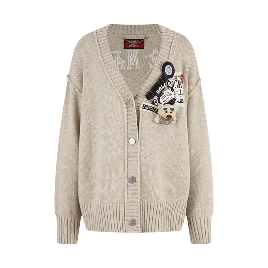 13DE MARZO Rolling Stones Appliqué Cardigan Sand