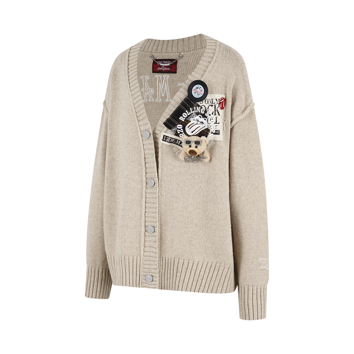 13DE MARZO Rolling Stones Appliqué Cardigan Sand