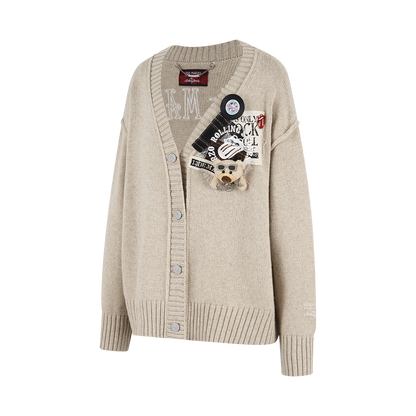 13DE MARZO Rolling Stones Appliqué Cardigan Sand