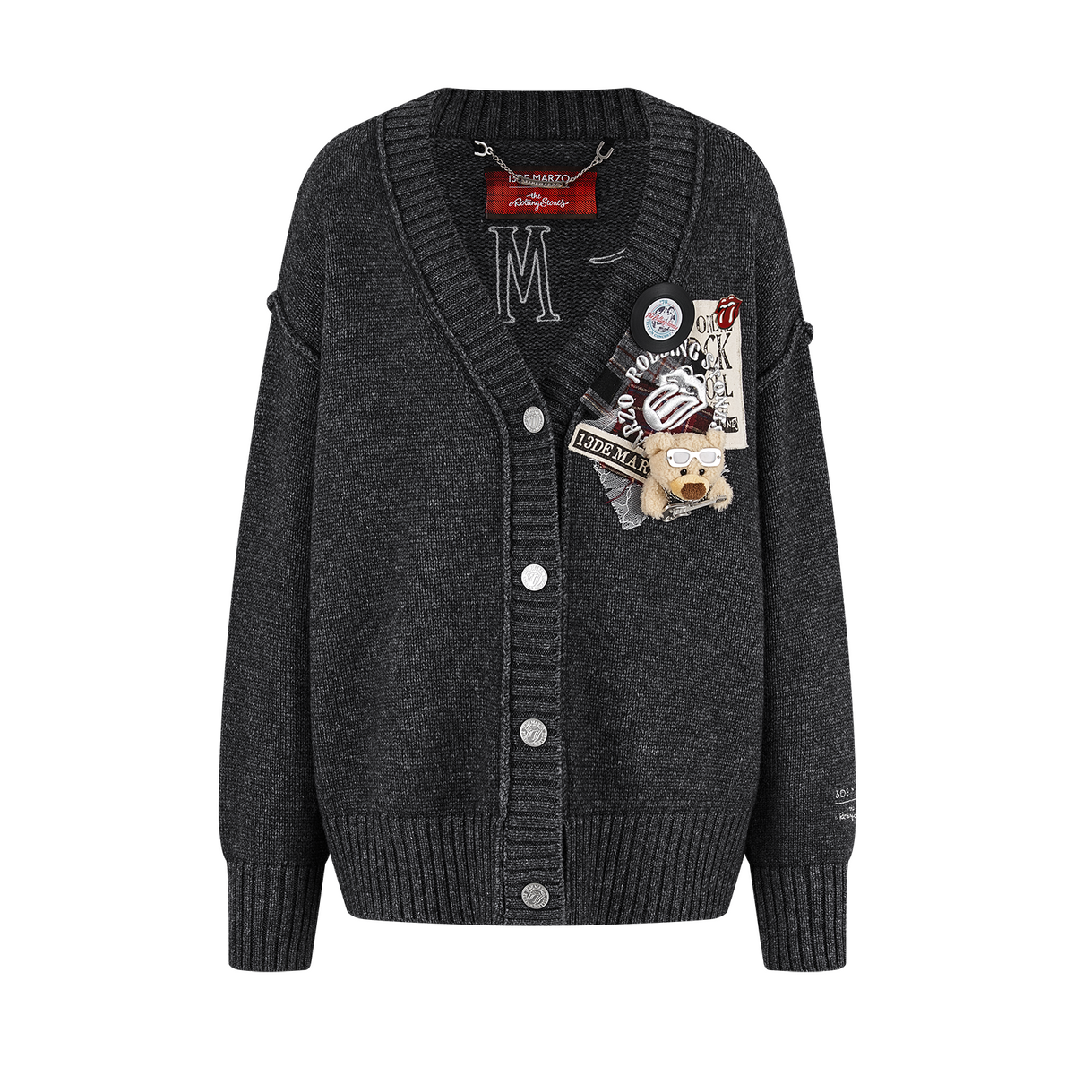 13DE MARZO Rolling Stones Appliqué Cardigan Dark Grey