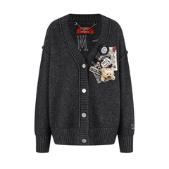 13DE MARZO Rolling Stones Appliqué Cardigan Dark Grey