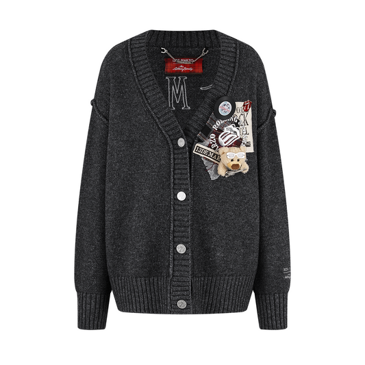 13DE MARZO Rolling Stones Appliqué Cardigan Dark Grey