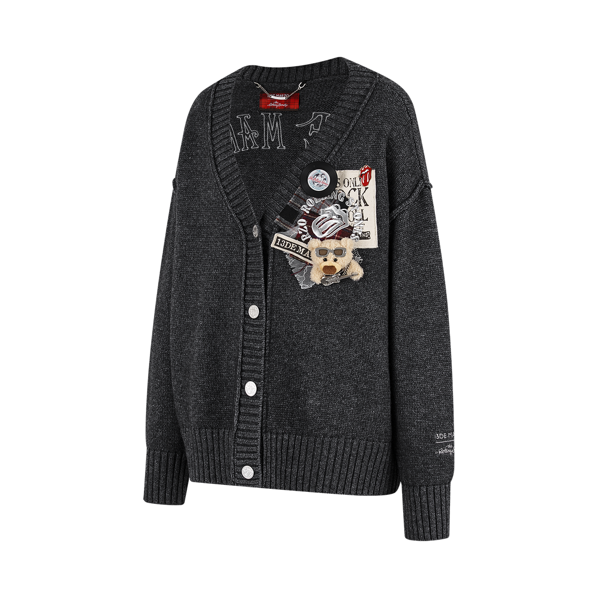 13DE MARZO Rolling Stones Appliqué Cardigan Dark Grey