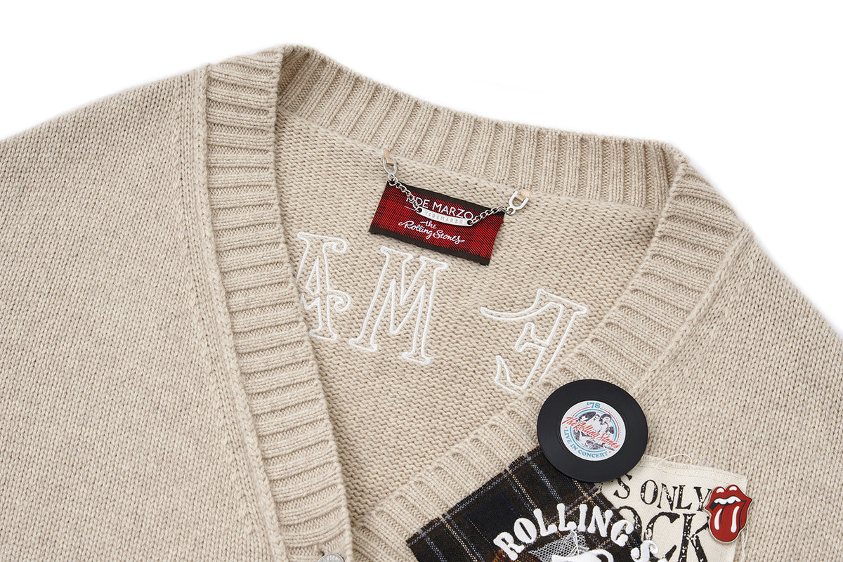13DE MARZO Rolling Stones Appliqué Cardigan Sand